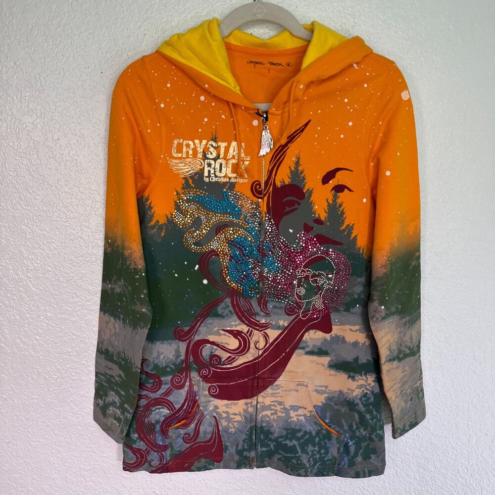 Christian Audigier Y2K Jacket Womens Large Crystal Rock Rhinestone Art Hoodie